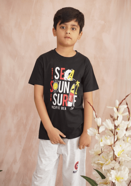 Sea Sound Surf" Kids' Black T-Shirt